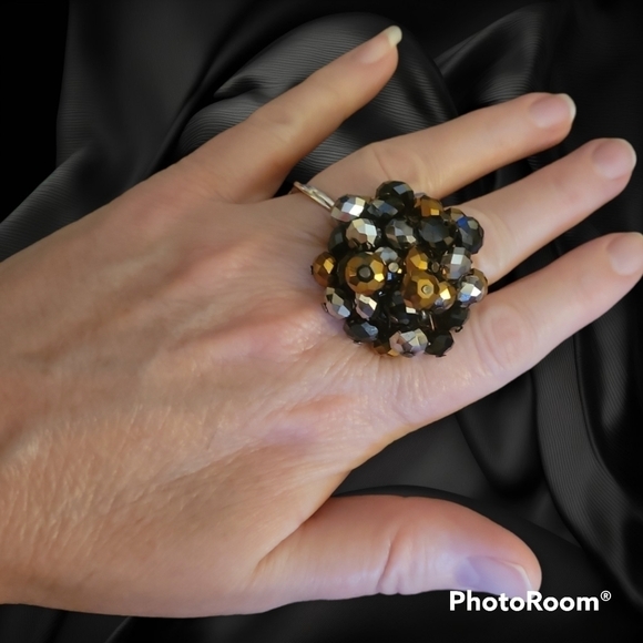 Vtg Gunmetal Aurum Beaded Bauble Chunky Stretch Statement Ring - Picture 1 of 5